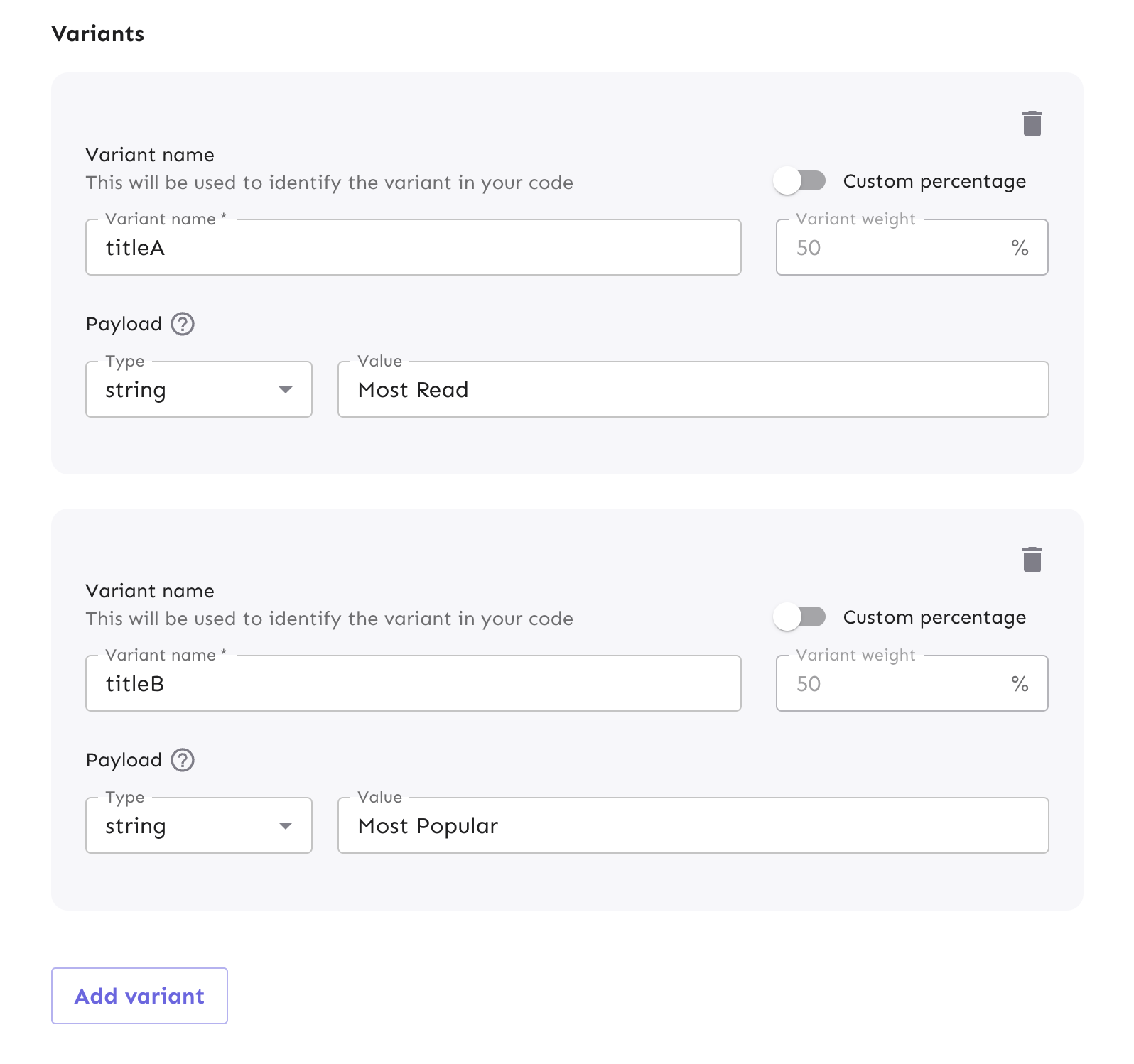 A form for adding new strategy variants. It has fields for name, weight, payload.